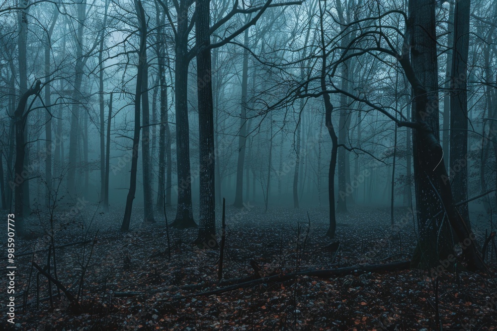 A dense forest with many trees and leaves, perfect for use in scenes about nature, adventure or fantasy