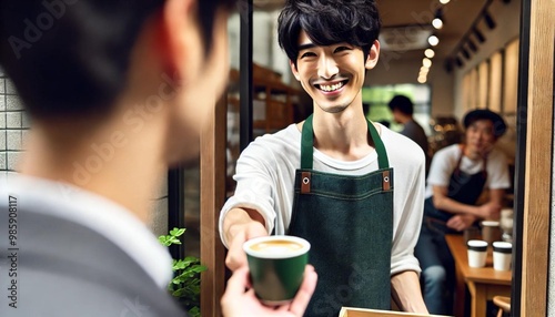 笑顔の男性カフェ店員とコーヒー photo