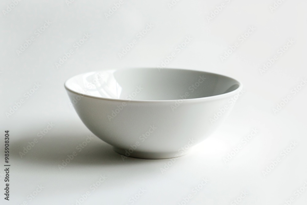 A simple white bowl sits on a table, ready for use A simple white bowl sits on a table, ready for use