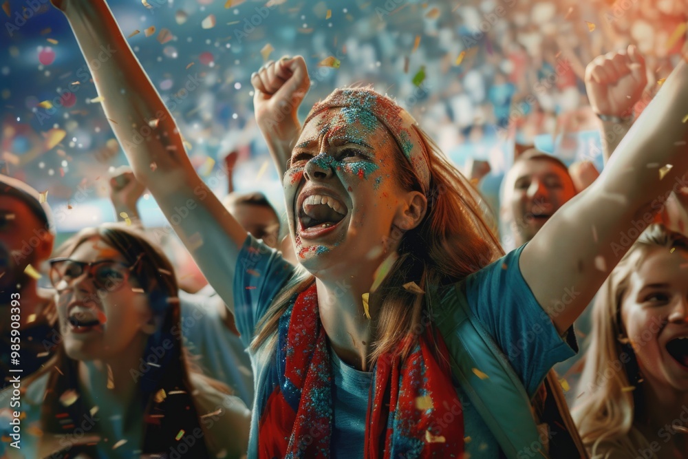 A joyful crowd celebrating with colorful confetti filling the air A joyful crowd celebrating with colorful confetti filling the air