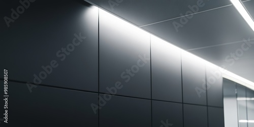 Sleek black walls enhance the minimalistic design, illuminated by subtle lighting, creating a modern and inviting atmosphere