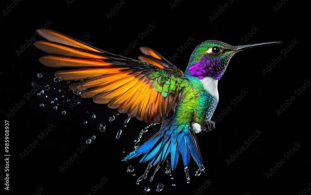 Iridescent Hummingbird in Flight with Water Droplets Suspended Iridescent Hummingbird in Flight with Water Droplets Suspended