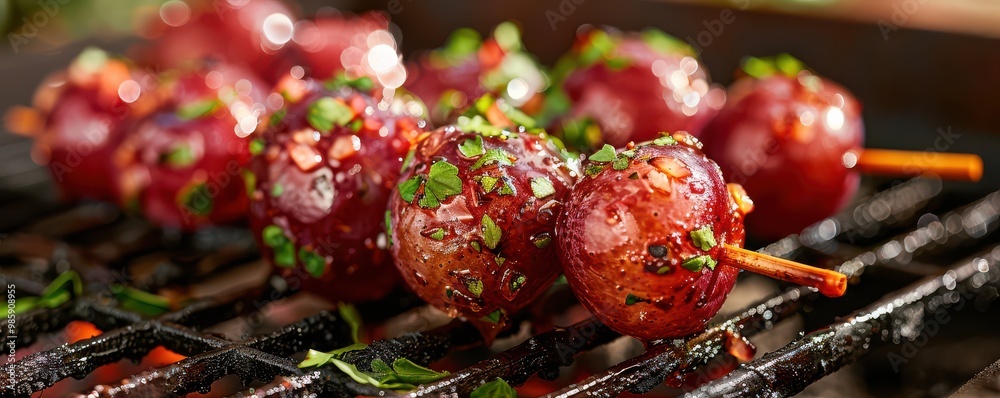 Delicious barbecued grapes grilling on skewers over an open flame. Free copy space for banner. Delicious barbecued grapes grilling on skewers over an open flame. Free copy space for banner.