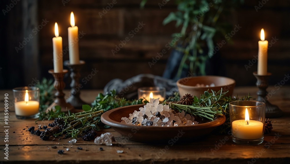 Candlelit ritual with herbs and crystals on a rustic wooden table, featuring a mystical wizard. Candlelit ritual with herbs and crystals on a rustic wooden table, featuring a mystical wizard.