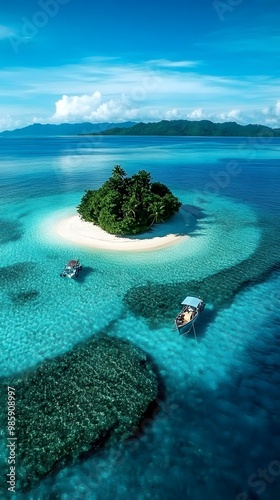 A small, tropical island with white sand and lush green trees in crystal-clear turquoise waters.