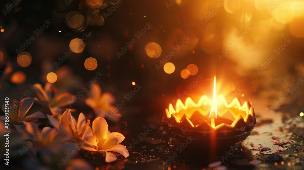 A single lit candle sits amidst a picturesque field of flowers, providing a warm glow A single lit candle sits amidst a picturesque field of flowers, providing a warm glow
