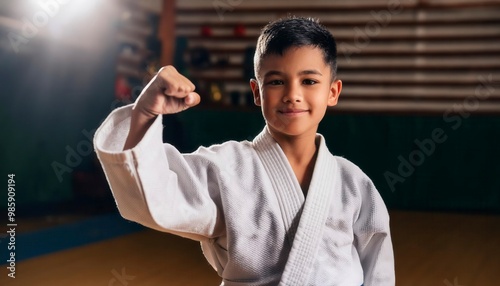 Kids of different ages in kimono having training session Generated image