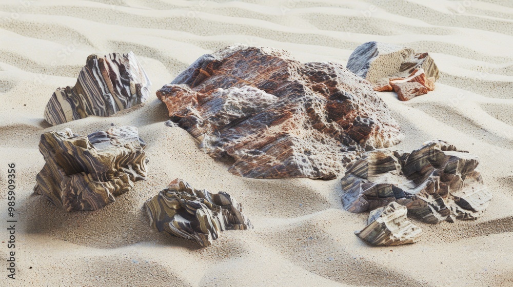 A natural formation of rocks on the beach, perfect for use in travel or nature photography