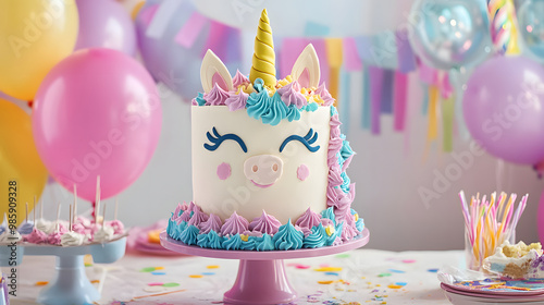 A vibrant Unicorn Cake displayed at a charming children’s party, surrounded by balloons, streamers, and joyful kids enjoying the festivities, capturing the spirit of fun and imagination.