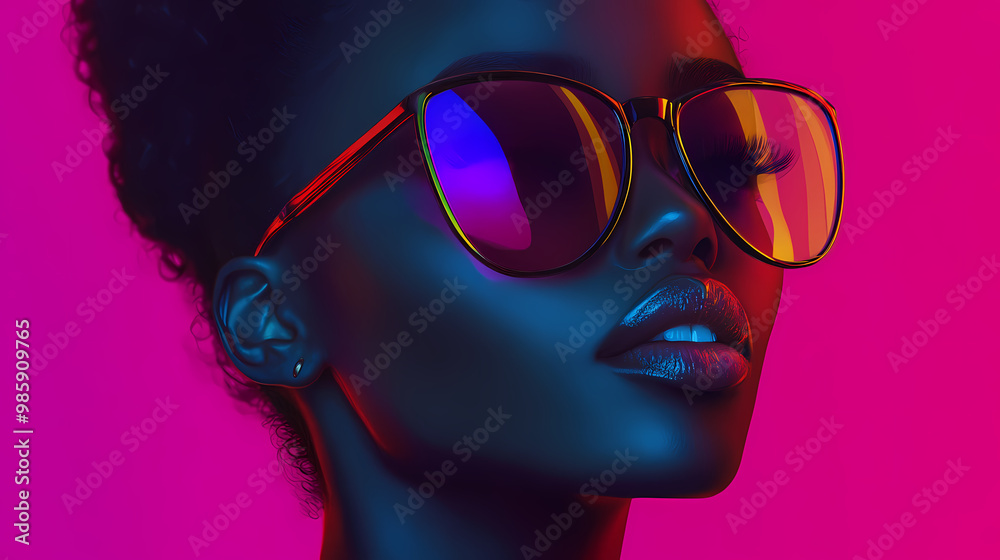 High fashion studio portrait of young african american woman with sunglasses, beautiful makeup, bright neon colors. generative ai. High Fashion. Illustration High fashion studio portrait of young african american woman with sunglasses, beautiful makeup, bright neon colors. generative ai. High Fashion. Illustration