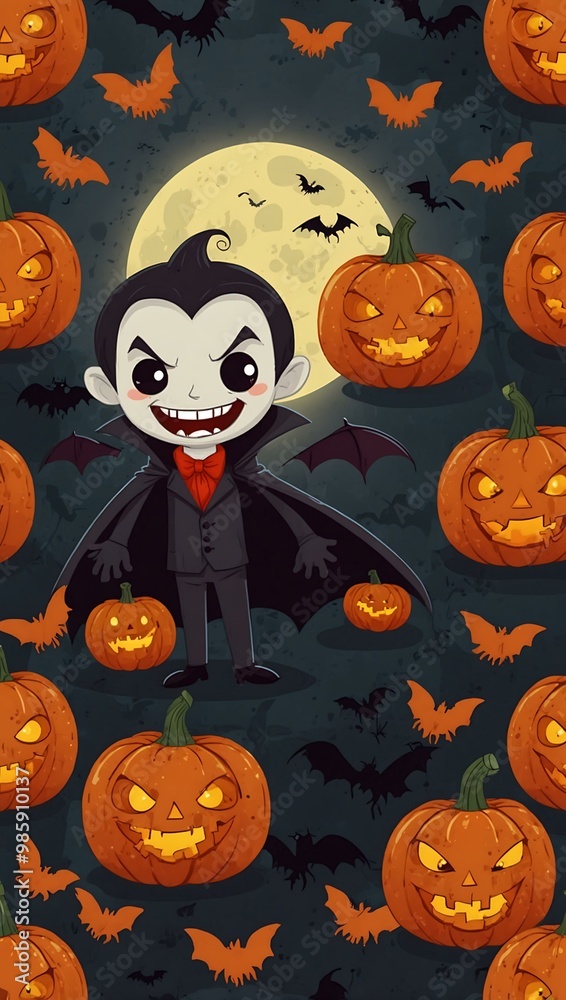 Cartoon vampire character with pumpkins and bats. Cartoon vampire character with pumpkins and bats.