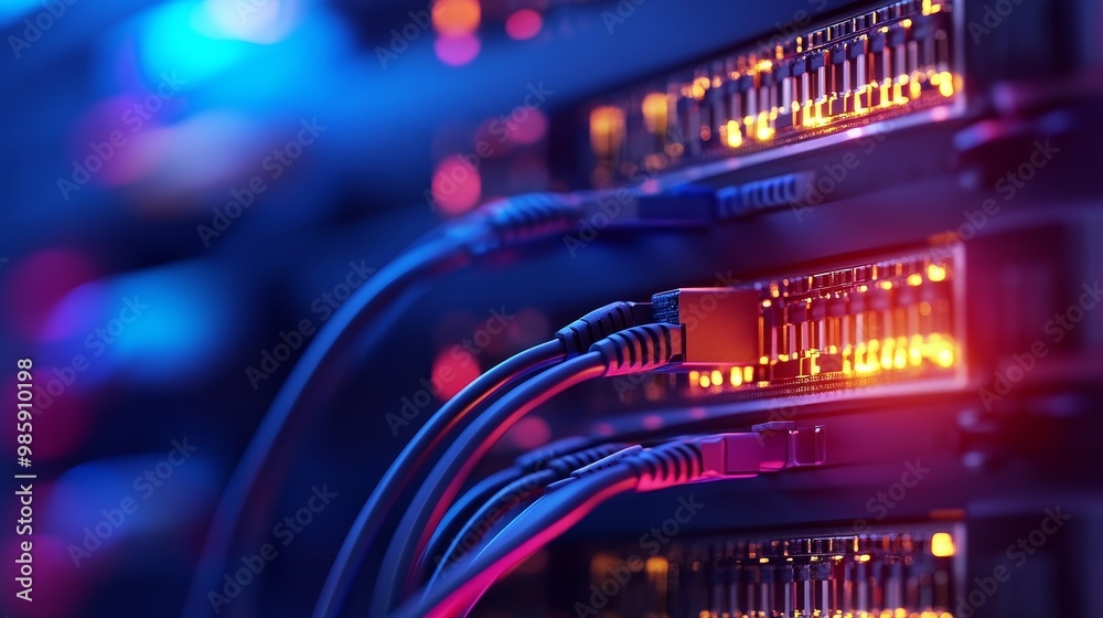 High-Speed Data Transfer - Network Cables Connected to Server Racks, representing fast internet, data center, technology, and network infrastructure. High-Speed Data Transfer - Network Cables Connected to Server Racks, representing fast internet, data center, technology, and network infrastructure.