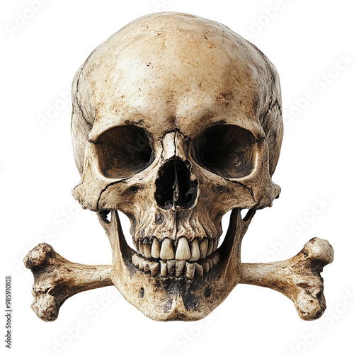 Human skull with crossed bones on white background