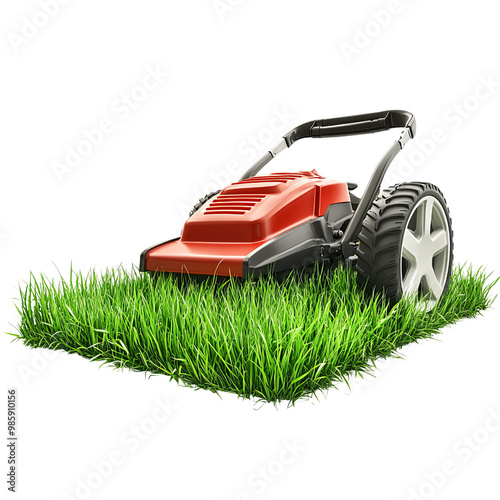 Lawn mower on fresh green grass, white background photo