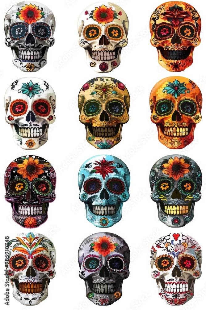 Various sugar skull designs and patterns on colorful skulls