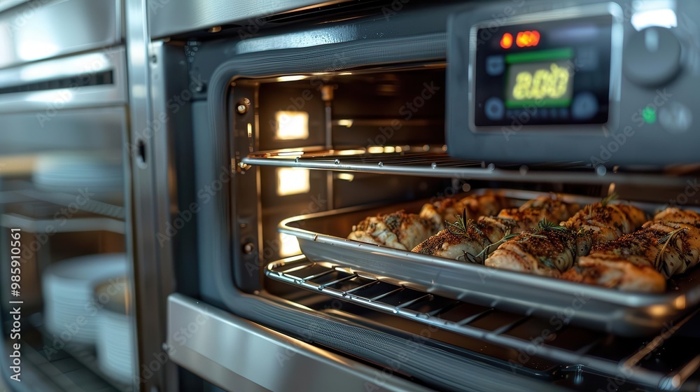 Close-up of a digital temperature sensor inside a commercial oven, precision cooking, food technology Close-up of a digital temperature sensor inside a commercial oven, precision cooking, food technology