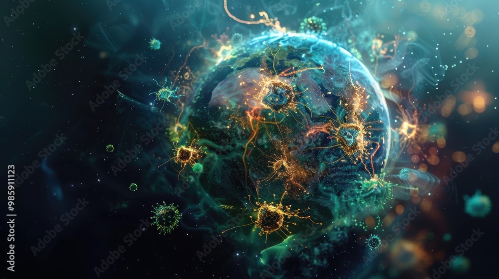 Globe Enveloped in a Mesh of Glowing Viruses, Conceptual Digital Art Globe Enveloped in a Mesh of Glowing Viruses, Conceptual Digital Art
