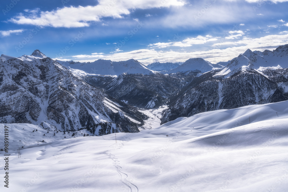 Ski tracks on fresh show leading down to beautiful valley with snow covered mountains in the background, Winter sport in Alps, France