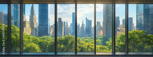 A view of the city from inside an office building, the New York skyline visible through glass windows. Trees can be seen outside, with towering skyscrapers in the distance. 