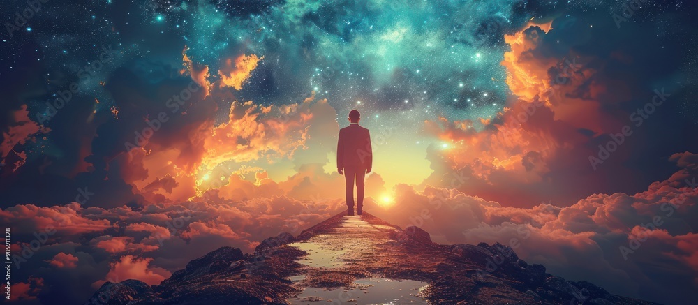 Fototapeta premium Man Standing on a Mountaintop Gazing at the Stars