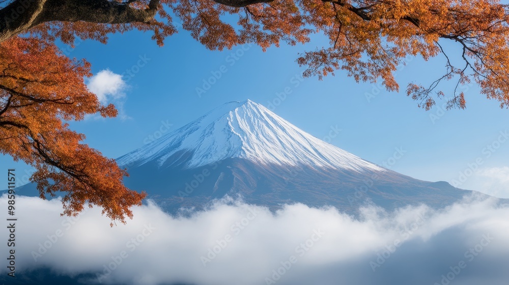 Majestic Mount Fuji rises above a sea of clouds, framed by vibrant autumn leaves, symbolizing nature's beauty, tranquility, peace, resilience, and tradition. Majestic Mount Fuji rises above a sea of clouds, framed by vibrant autumn leaves, symbolizing nature's beauty, tranquility, peace, resilience, and tradition.