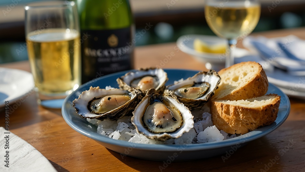 Champagne and oysters from Arcachon bay with bread and butter. Champagne and oysters from Arcachon bay with bread and butter.
