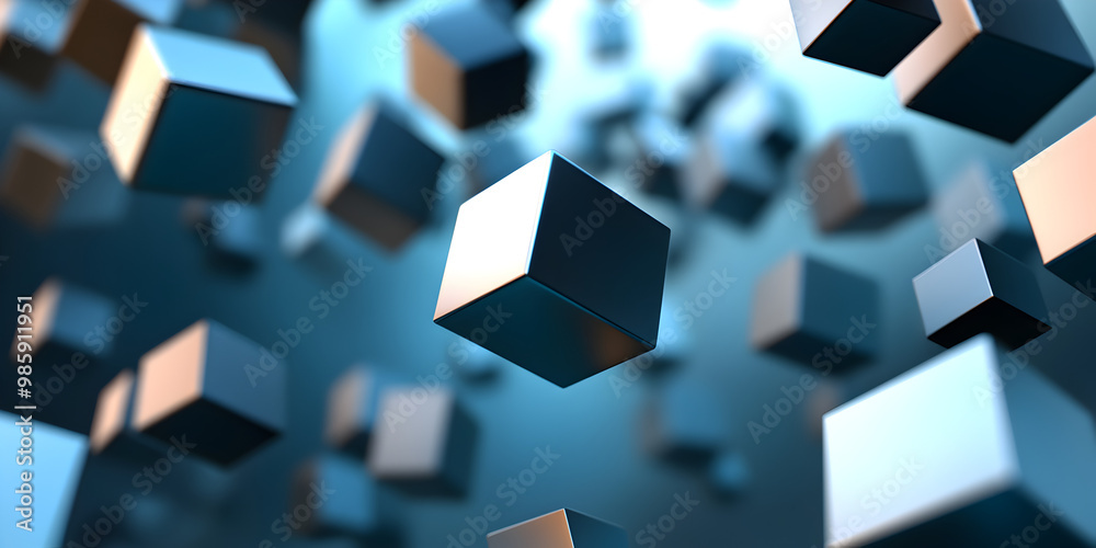 Floating cubes creating an abstract structure.
Floating cubes creating an abstract structure.
