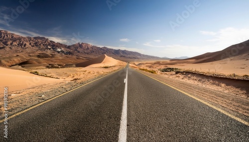Straight road through desert landscape. Generated image
