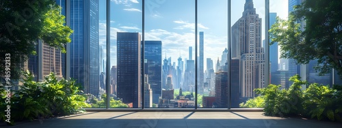 A view of the city from inside an office building, the New York skyline visible through glass windows. Trees can be seen outside, with towering skyscrapers in the distance. 