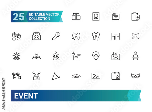 Event planning outline icons collections, Event organisation icons for web and mobile app. Management, wedding, Outline icons collection. editabale stroke icons set.