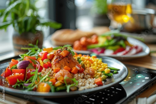 Close-up of an augmented reality app displaying detailed food sourcing information on a meal, AR in food, supply chain transparency