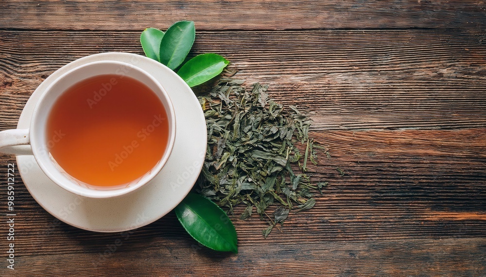 Fototapeta premium Cup of green tea on wooden table. Top view. Generative Image