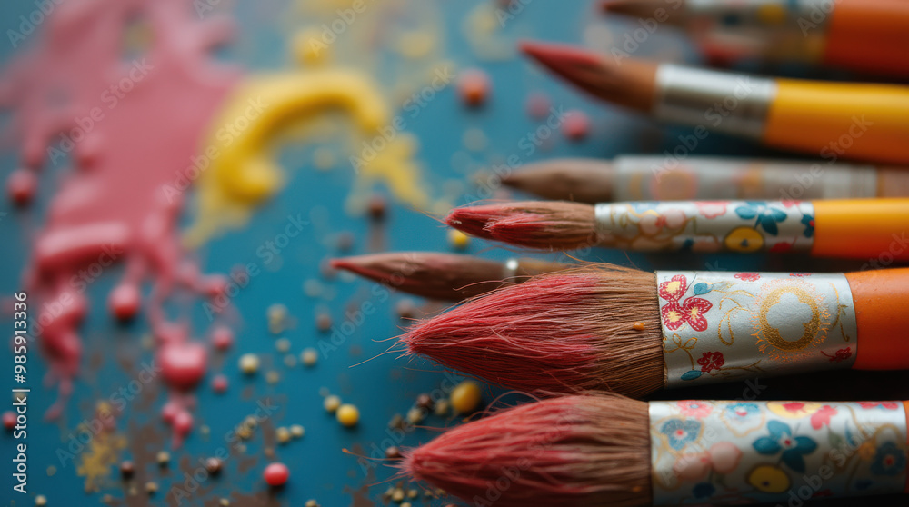 Obraz premium Colorful Artistic Paint Brushes: Close-Up Photography of Paintbrushes with Paint Strokes on Canvas