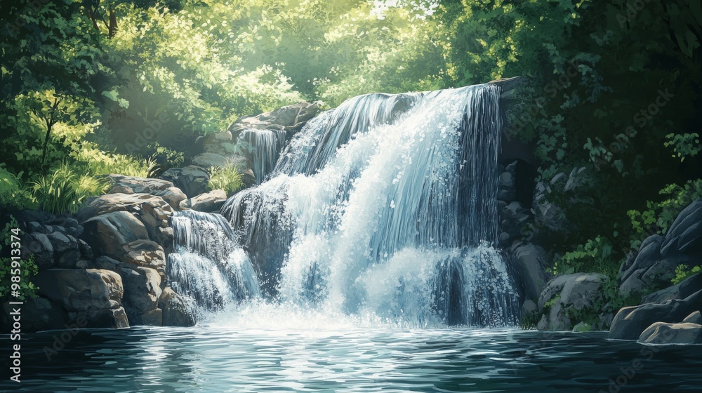 Serene Waterfall Surrounded by Lush Greenery Serene Waterfall Surrounded by Lush Greenery