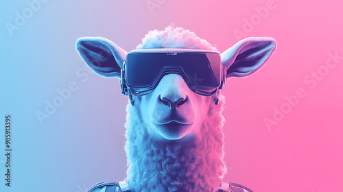 Generative ai illustration of futuristic sheep sports sleek vr glasses against a gradient blue to pink background creating a cyberpunk inspired look. Cyberpunk Fashion. Illustration photo