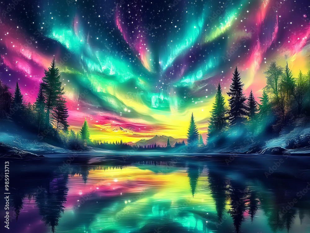 Fototapeta premium Colorful aurora borealis, forest and lake reflection,