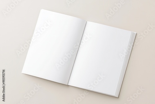 open magazine mockup, close up, high angle view, beige background