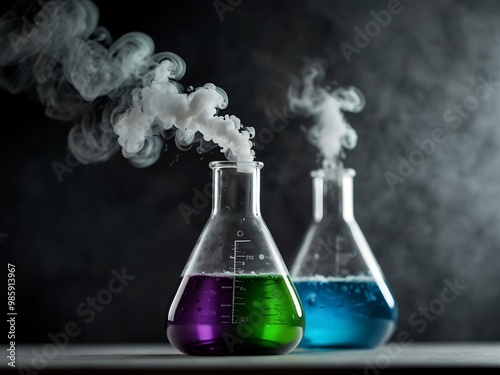 Chemical reaction in a laboratory flask, creating smoke.