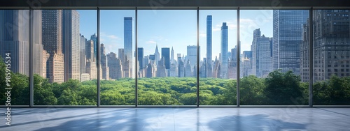 A view of the city from inside an office building, the New York skyline visible through glass windows. Trees can be seen outside, with towering skyscrapers in the distance. 