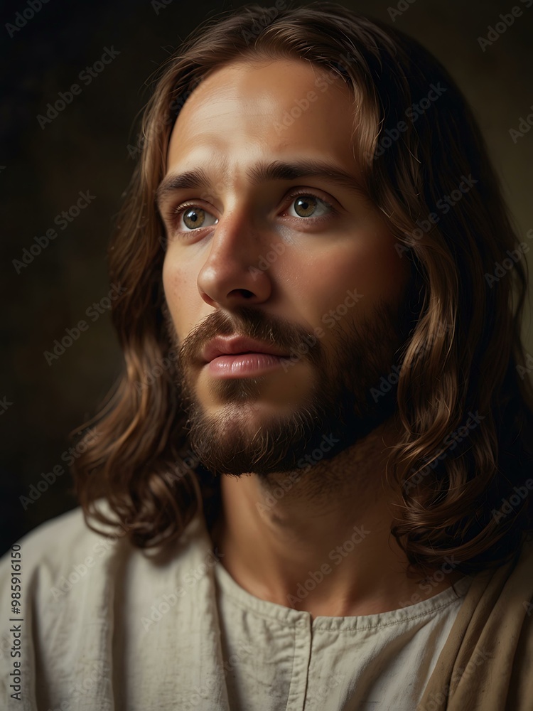 Classic portrait of Jesus with serene expression, ethereal light highlighting his divinity. Classic portrait of Jesus with serene expression, ethereal light highlighting his divinity.