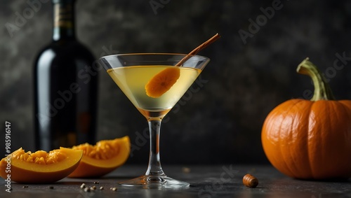 Classic martini cocktail with a pumpkin garnish.