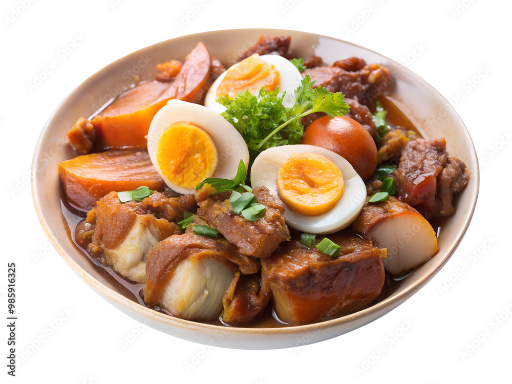 Thai Style Pork Leg Stew with Five Spices, Stewed pork leg and mix pork ,egg in street food on transparent or white background, fresh ham on rice, Rice with Pork Leg Stew, Thai street food Thai Style Pork Leg Stew with Five Spices, Stewed pork leg and mix pork ,egg in street food on transparent or white background, fresh ham on rice, Rice with Pork Leg Stew, Thai street food