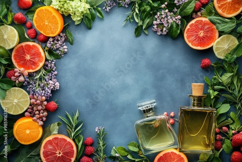 unique perfume concept banner featuring beautiful bottles, fresh botanicals, and fruits for refreshing scents photo