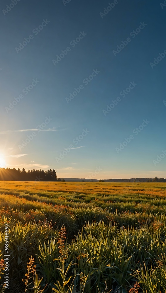 Clear blue sky with sun illuminating a vibrant field. Clear blue sky with sun illuminating a vibrant field.