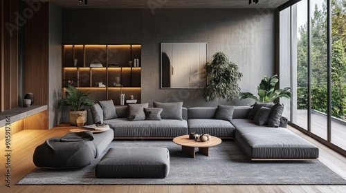 Japandi, scandinavain interior design of modern living room photo