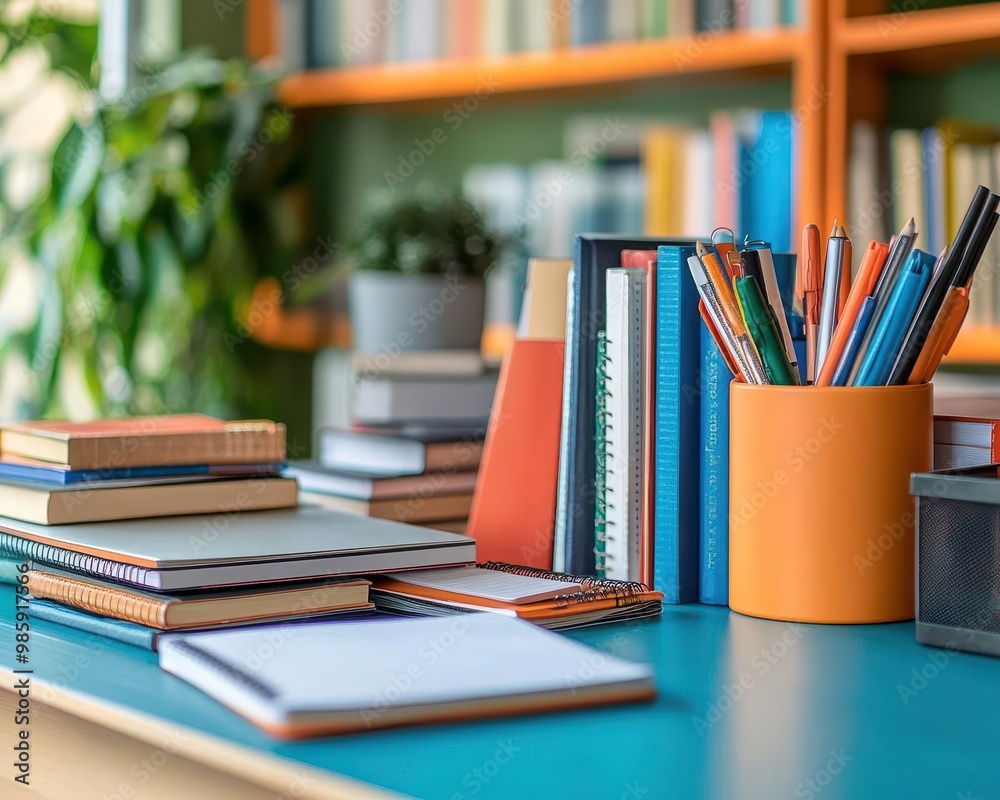 Education resources on a desk, including books, notebooks, and a laptop, organized style, close-up, sharp focus Education resources on a desk, including books, notebooks, and a laptop, organized style, close-up, sharp focus
