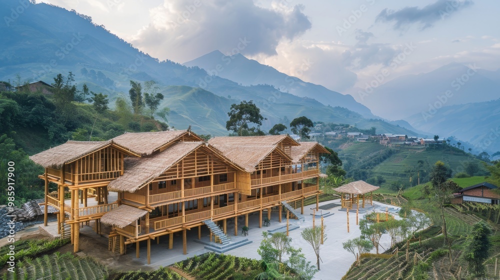Picturesque Wooden Cabins Nestled in the Lush Green Mountains with Scenic Vistas Picturesque Wooden Cabins Nestled in the Lush Green Mountains with Scenic Vistas