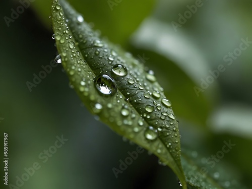 Close-up of a green leaf with a water droplet against nature.