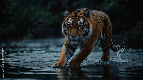 Tiger Stalking Through a Dark Forest, running on the wter photo