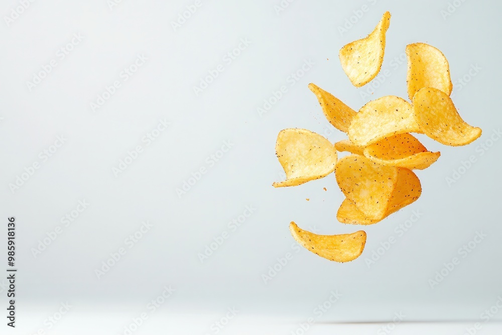 Fototapeta premium Banana chips, crispy, falling on a plain white background.